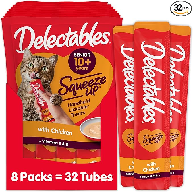 Delectables Squeeze Up Creamy Squeezable Puree, Lickable Wet Cat Treats, Grain Free, No Added Fillers, No By-Products, No Added Preservatives, 0.5 Ounces Senior Chicken, 32 Tubes Total