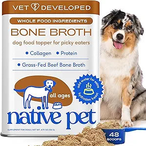 Native Pet Bone Broth for Dogs - Made with Real Beef Bone Broth, Dog Food Toppers for Picky Eaters - Provides Extra Hydration & Nutrition for Joint Strength, Immunity & Heart Health-48 Scoops