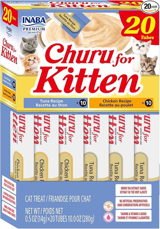 INABA Churu for Kittens, Lickable, Squeezable Creamy Purée Cat Treat with Green Tea Extract & Taurine, 0.5oz. Each Tube, 20 Tubes, Tuna & Chicken Variety