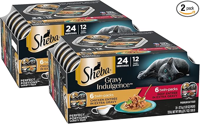 Sheba Gravy Indulgence Adult Wet Cat Food Beef and Chicken Entree in Extra Gravy Variety Pack, 2.6 oz. Twin-Pack Trays (12 Count, 24 Servings) (Pack of 2)