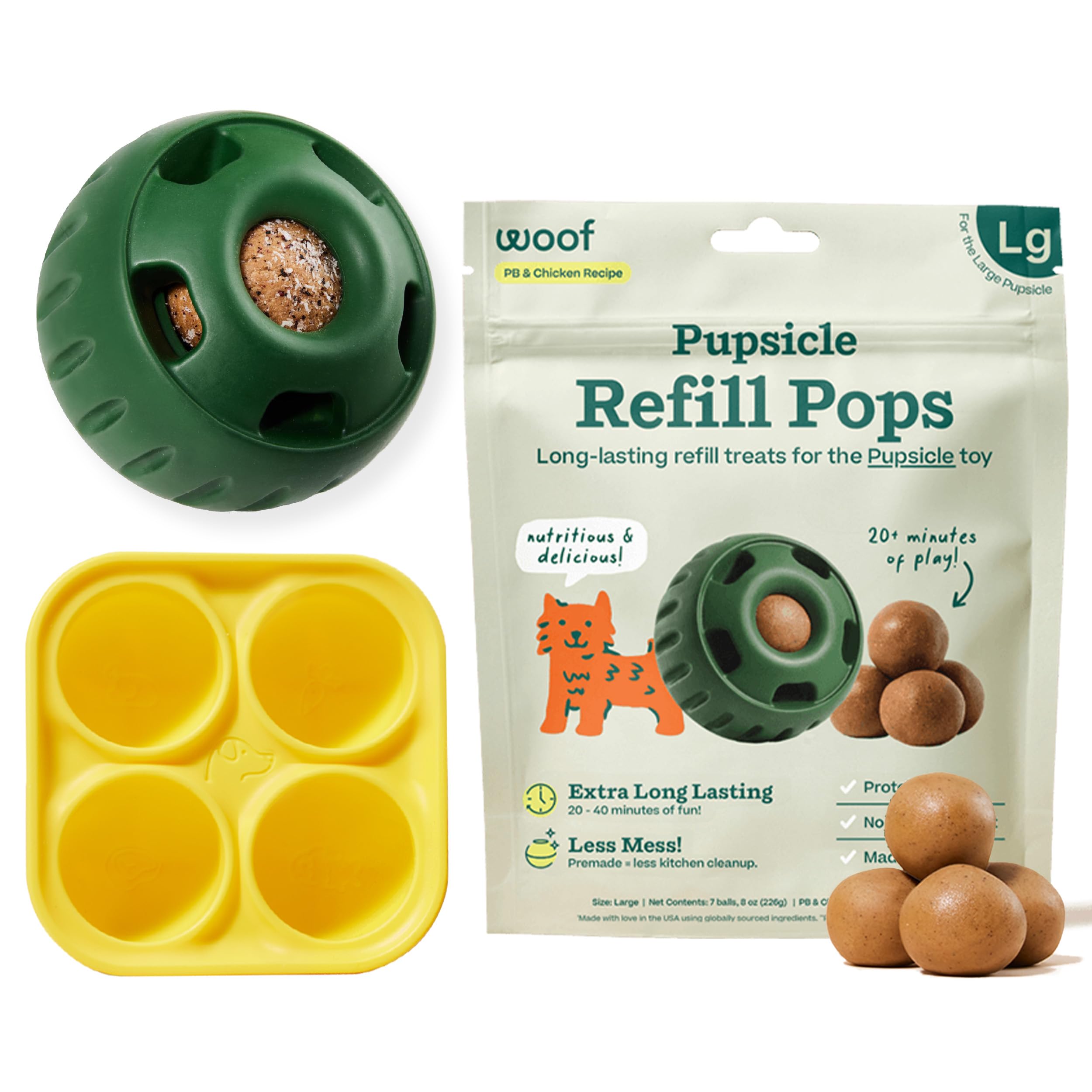 WOOF Starter Pack - Interactive Dog Ball Toy for Boredom - Dog Treat Molds Silicone - Chicken-Flavored Healthy Treats for Dogs - Pupsicle Doggy Enrichment Toy - for Large Pups - 25-75 lbs