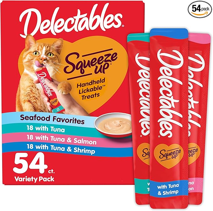 Delectables Squeeze Up Seafood Variety Pack, Creamy Squeezable Puree, Lickable Wet Cat Treats, Grain Free, No Added Fillers, No by-Products, No Added Preservatives, 0.5 Ounces Tube, 54 Tubes Total