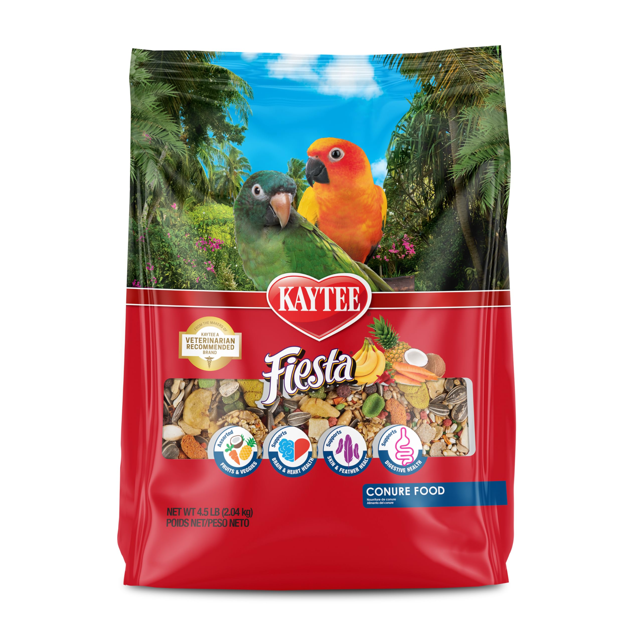Kaytee Fiesta Conure Food, Nutritious and Fun Blend, Supports Skin, Feather, Digestion, Brain and Heart Health, 4.5 pounds