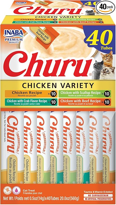 INABA Churu Cat Treats, Lickable, Squeezable Creamy Purée Cat Treat with Green Tea Extract & Taurine, 0.5 Ounces Each Tube, 40 Tubes, Chicken Variety Box