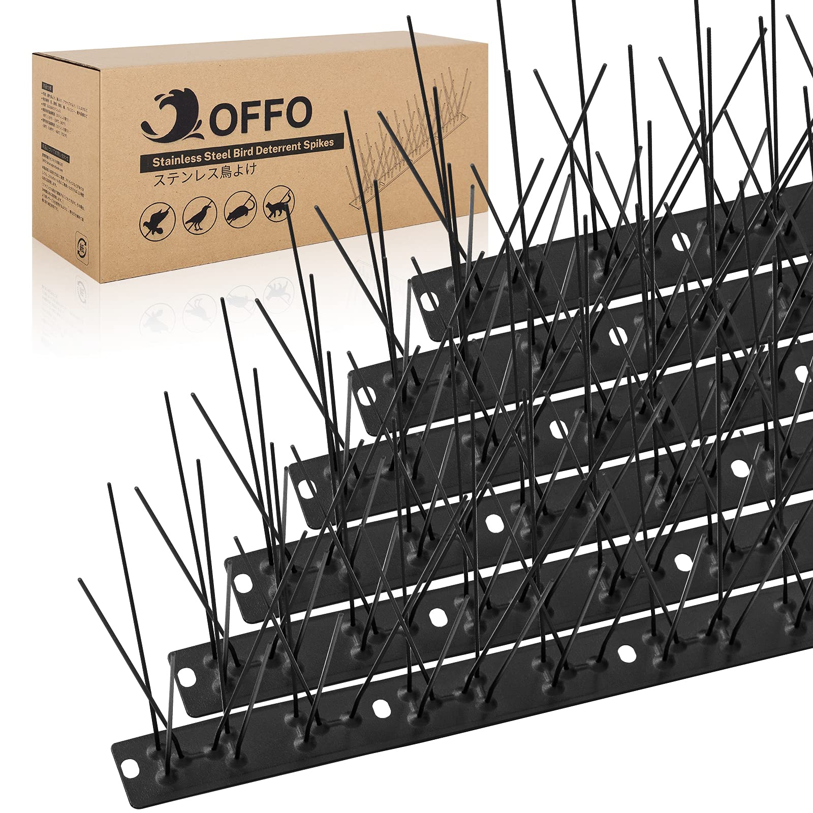 OFFO Black Pre-Assembled Bird Spikes, 304 Stainless Steel Pigeon Spikes for Outside, Cover 10.8 Feet, Easy Installation for Balcony, Roof, Window Sills, Keep Building Surfaces Clean