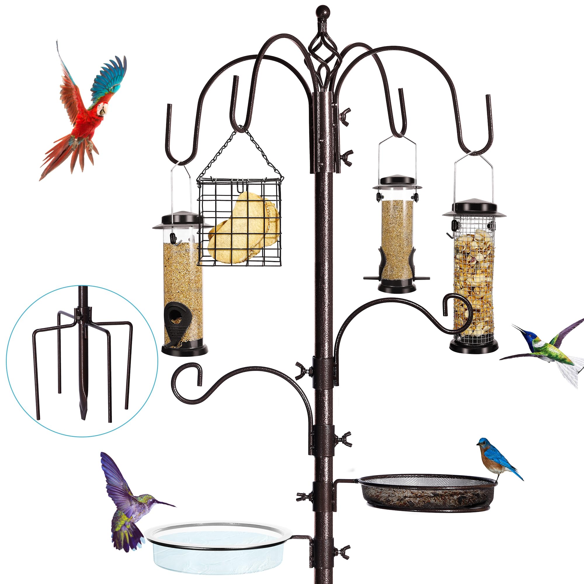 YINGYM 6-Hook Bird Feeding Station Kit, Wild Bird Feeder Stand Pole, Multi-Feeder Kit Stand with 4 Feeders, Bird Bath and Mesh Tray, 94 Inch