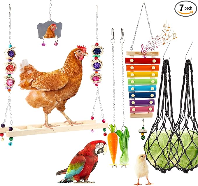 8PCS Chicken Toys for Coop Accessories, Chicken Swing, Xylophone, Mirror, Vegetable Hanging Feeder, Fruit Rack for Poultry Rooster Large Bird Parrot Lovers’ Entertainment Gift