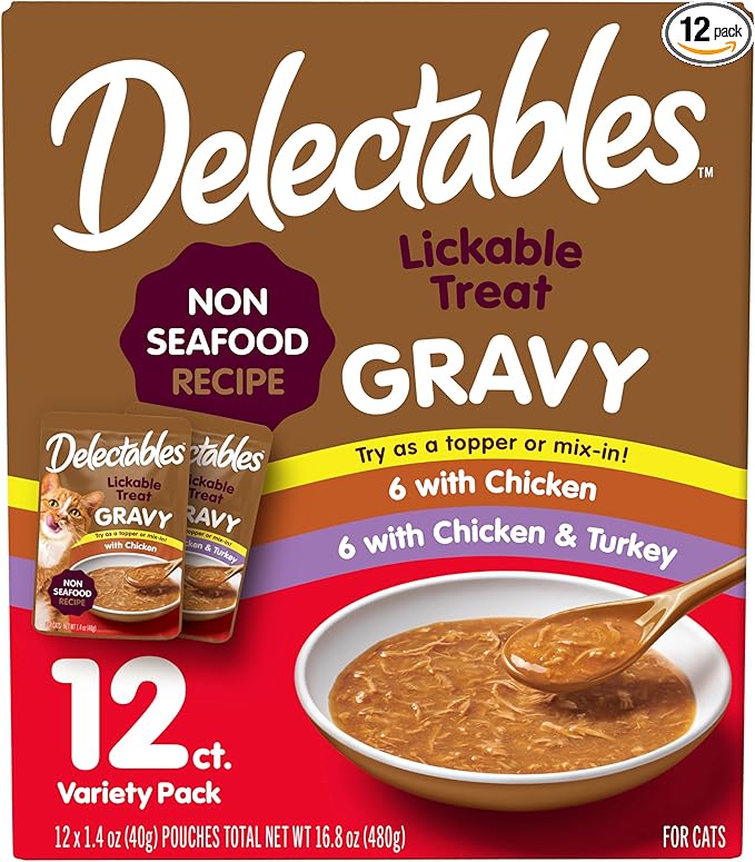 Delectables Lickable Treat Gravy Wet Cat Treat Variety Pack, Food Topper, Hydrating, Grain-Free, No Fillers, By-Products, Added Preservatives, 1.4oz Pouch, 12ct