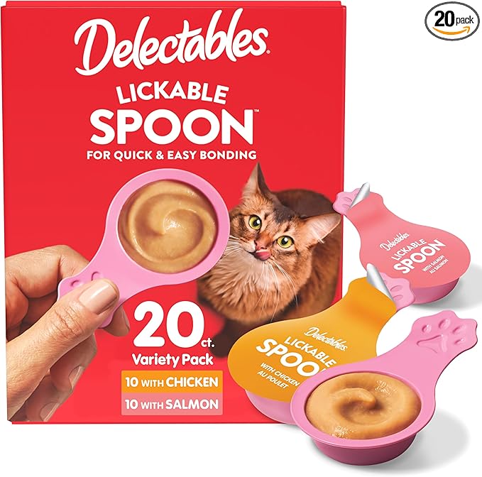 Delectables Lickable Spoon Handheld Wet Cat Treats Made with Real Chicken & Salmon, Quick & Easy Creamy Puree, Mess Free, Grain-Free, No Added Fillers, No by-Products, Variety Pack, 20ct