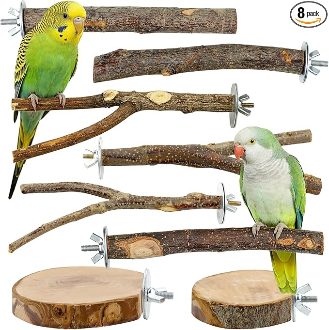 8 PCS Bird Perch Set for Cage - Natural Apple Wood Platforms & Hardwood Branches for Parakeets, Budgies, Cockatiels - Small Bird Habitat Gym, Climbing Stand & Safe Chew Toys