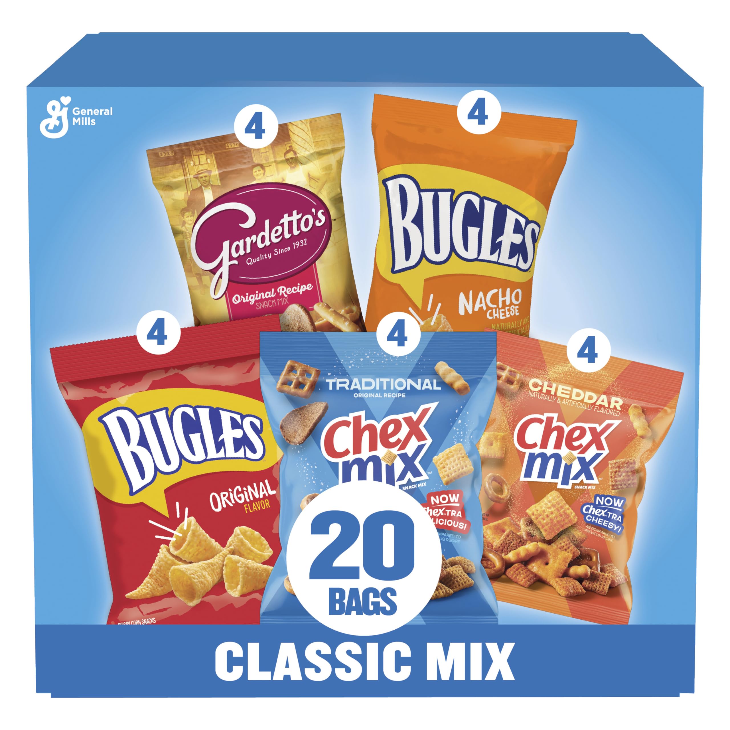 Classic Mix Snack Variety Pack, Bugles Original and Nacho Cheese, Gardetto's Original Recipe, Chex Mix Traditional and Cheddar, 20 Ct, 28 oz