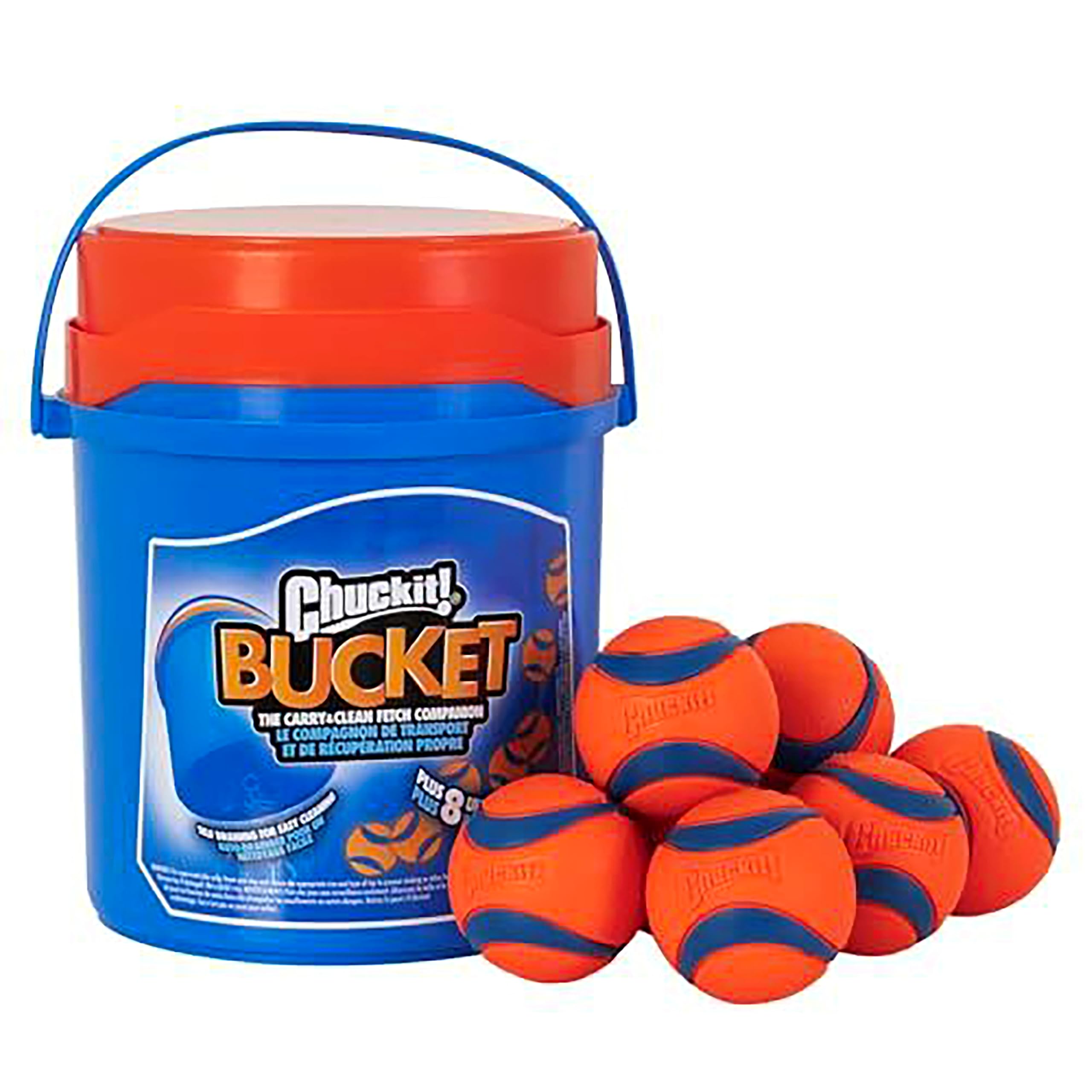 Chuckit! Ultra Ball Dog Toy with Chuckit! Cleaning Bucket, Bouncy Fetch Pet Toys For Dogs 20-60 lbs, Interactive Dog Toys, Durable Rubber, Size Medium, 2.5-inch Diameter, 8-Pack of Balls