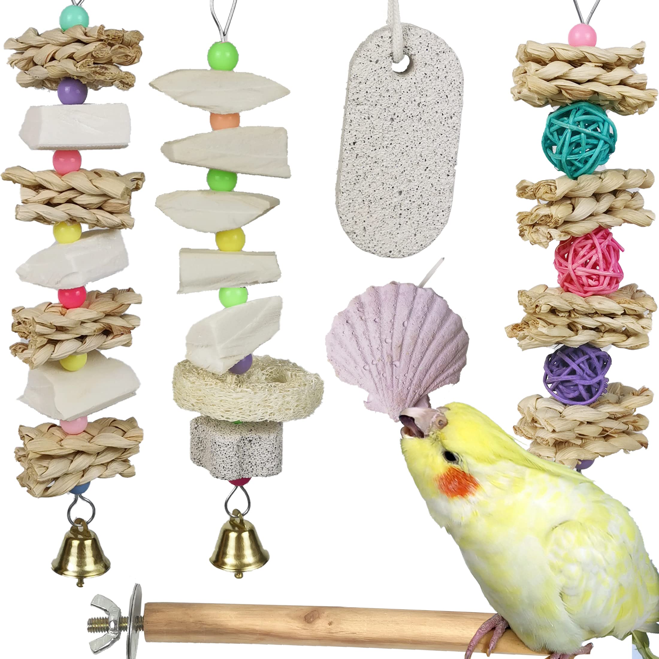 Parrot Chewing Toys (6 pcs) Natural Cuttlebone Bird Beak Trimmer Grinding Stone Lava Block Calcium Stone Bird Perch Cage Toys for Small and Medium Parakeets, Cockatiels, Conures, Budgies, Lovebirds