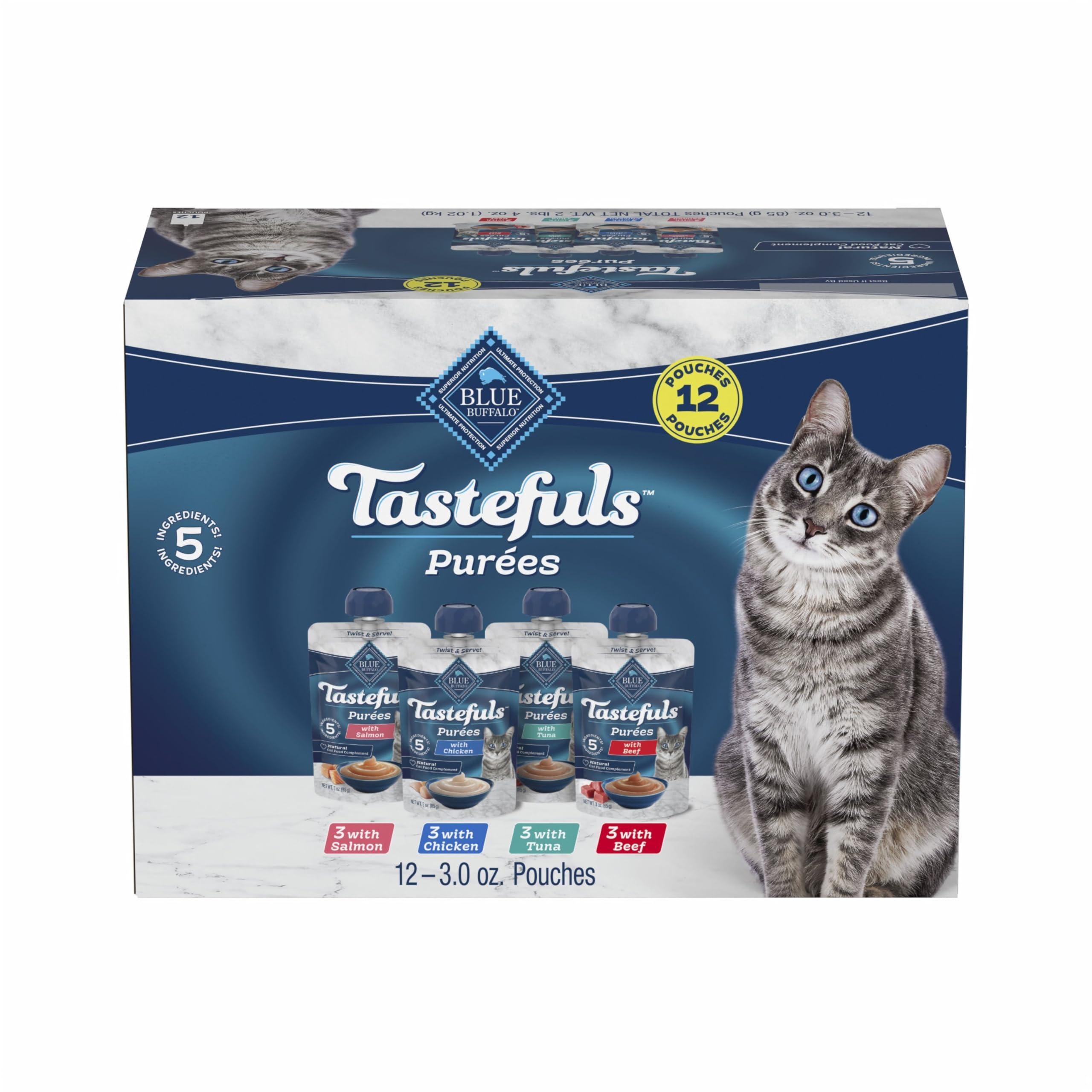 Blue Buffalo Tastefuls Purées Natural Cat Food Complement with 5 Ingredients, Chicken, Tuna, Beef, 3-oz Resealable Pouches, 12-ct Variety Pack