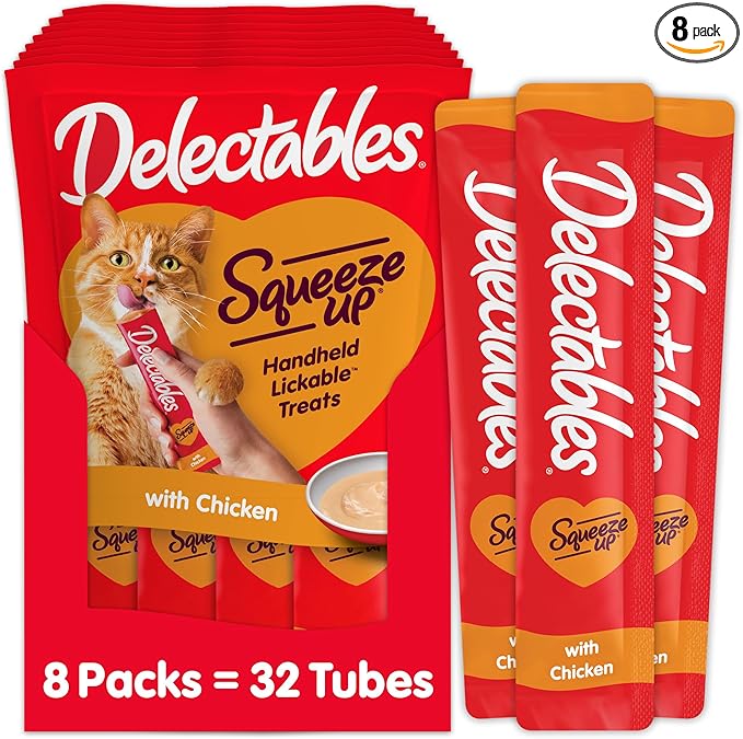 Delectables Squeeze Up Creamy Squeezable Puree, Lickable Wet Cat Treats, Grain Free, No Added Fillers, No By-Products, No Added Preservatives, 0.5 Ounces Tube Chicken Flavor, 32 Tubes Total