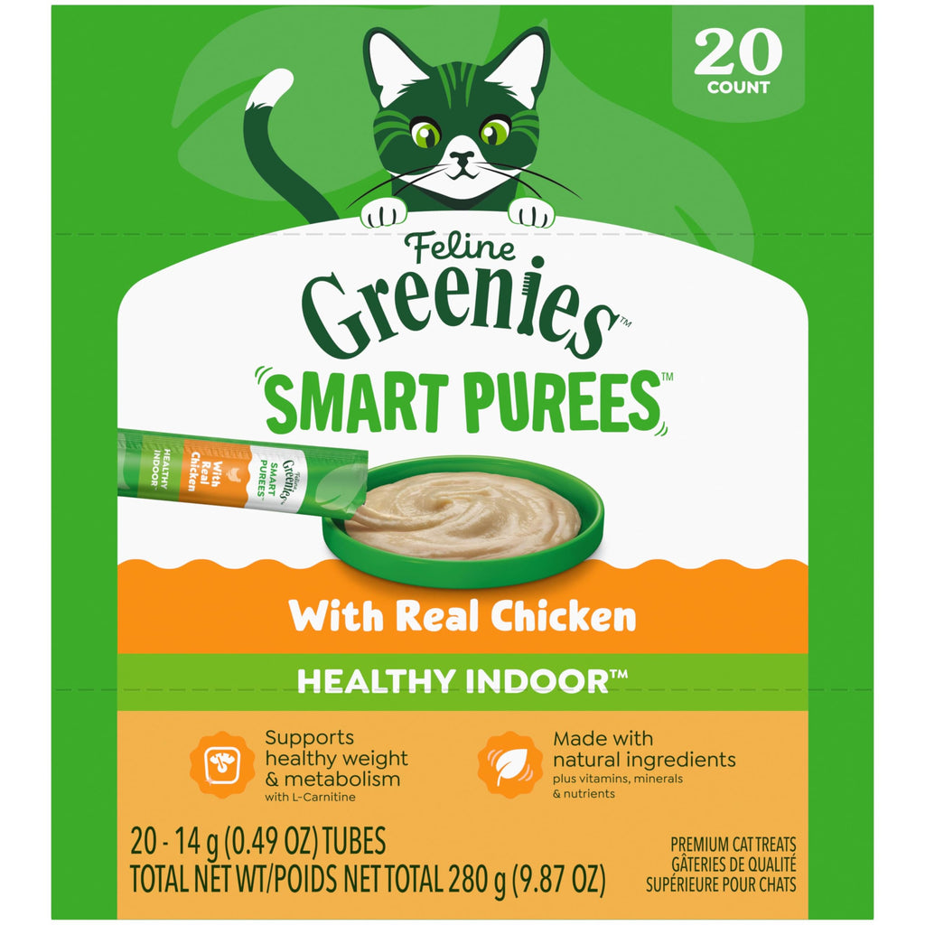 Greenies Feline Smart Purees Healthy Indoor Lickable Cat Treats with Real Chicken, 0.49 oz. Tubes, 20 Count
