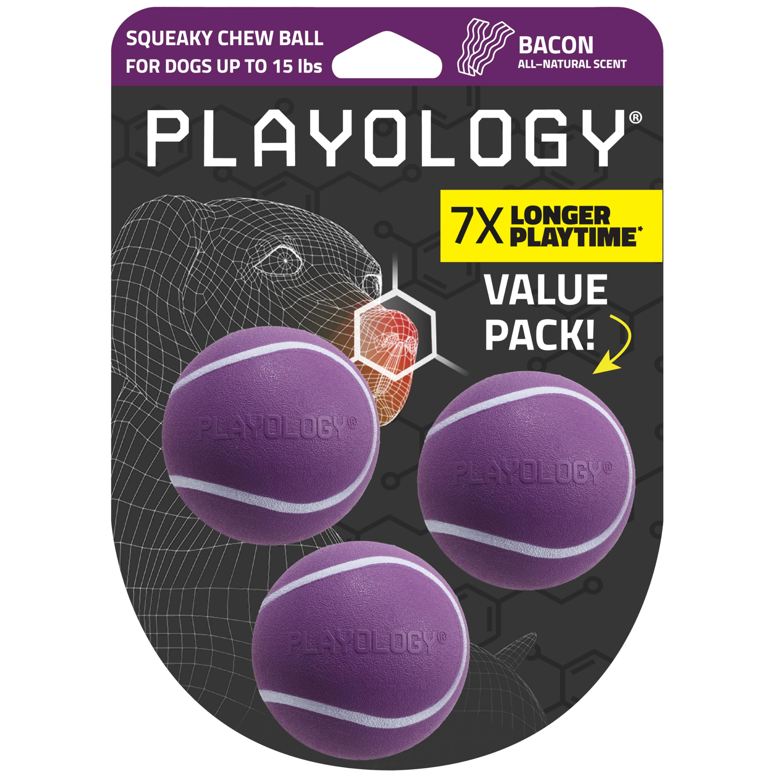 Playology Dog Toys | Squeaky Chew Ball for Dogs, Value 3-Pack | Bacon Scented Small Dog Balls | Bouncy Floating Chew Toys for Fetch