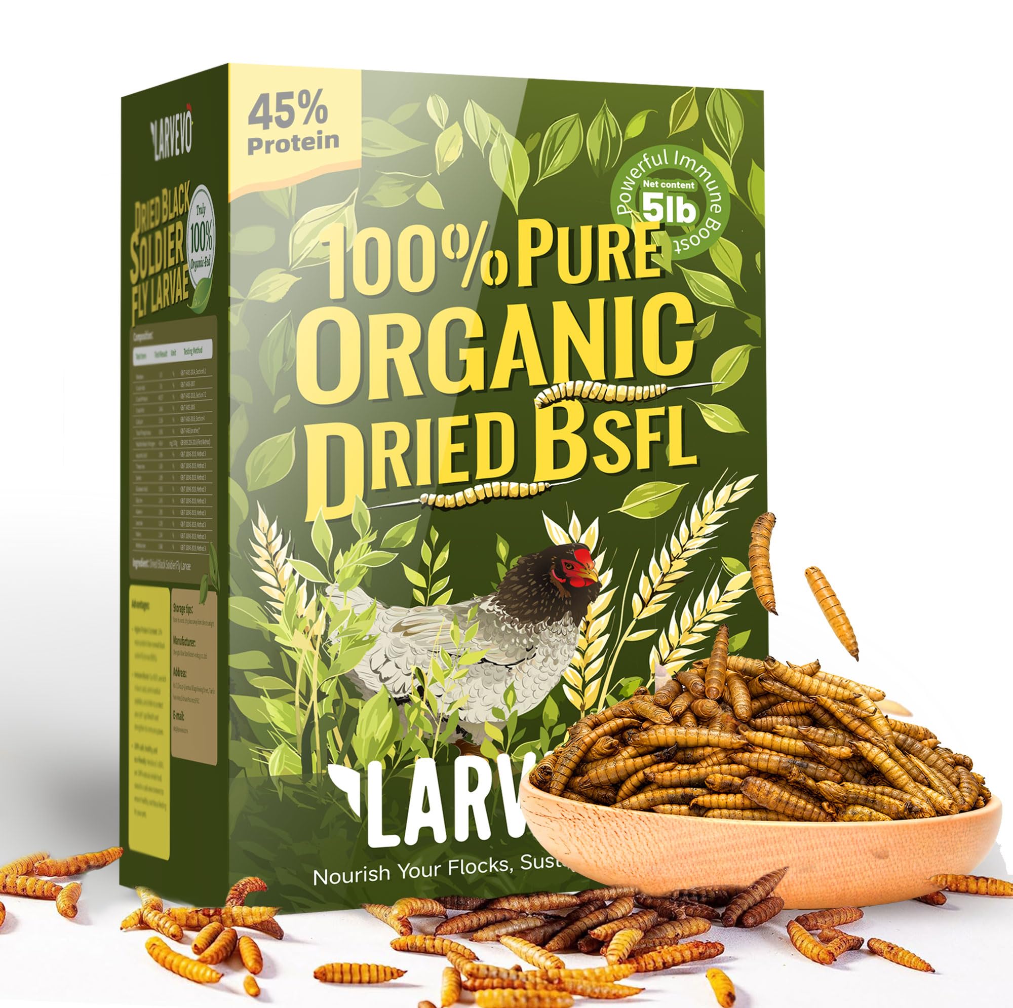 5LB Non-GMO Dried Black Soldier Fly Larvae for Chickens 45% Protein High Calcium Chicken Feed Alternative to Mealworms, Dried BSF Larvae Chicken Treats for Laying Hens Ducks Birds Reptiles