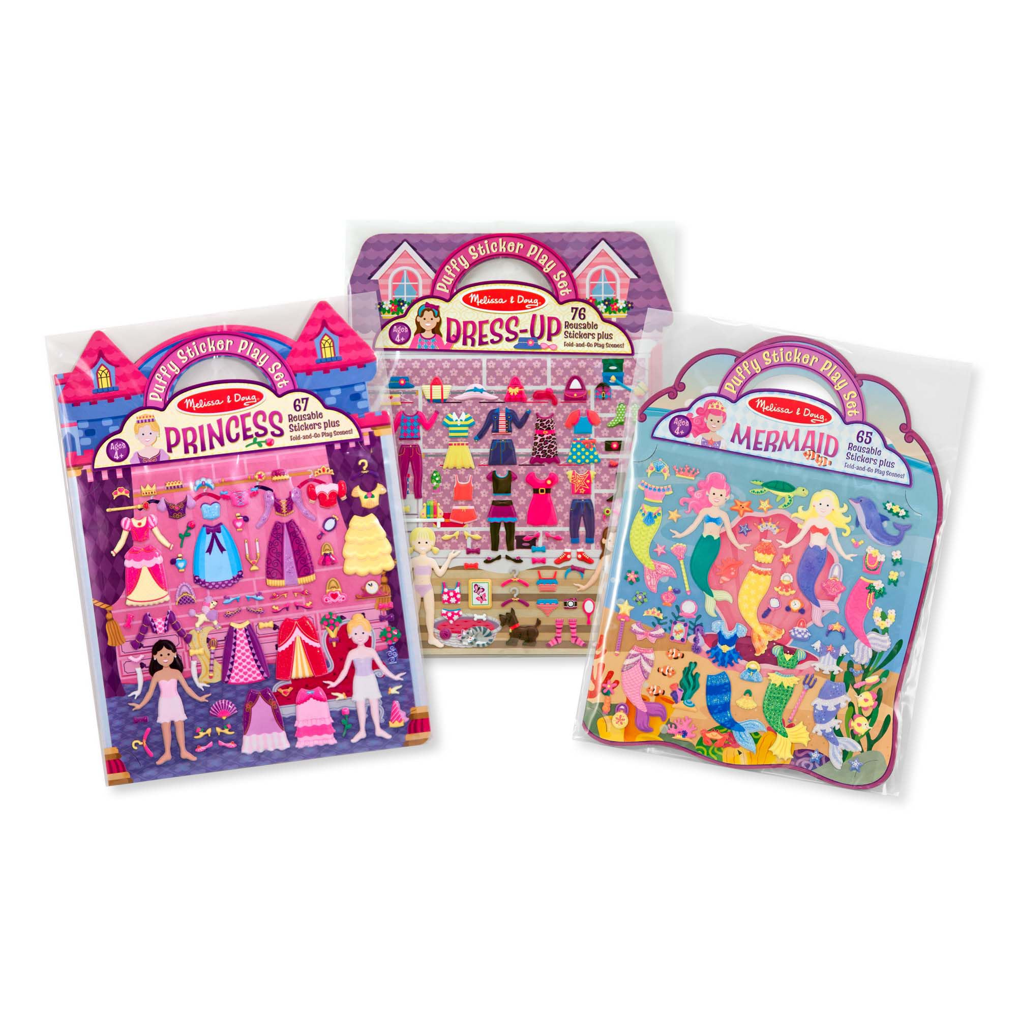 Melissa & Doug Puffy Sticker Activity Books Set of 3 – Dress-Up, Princess & Mermaid, with 208 Reusable Stickers and Fold-Out Scenes, Mess-Free Travel Toys for Kids Ages 4+ - FSC Certified
