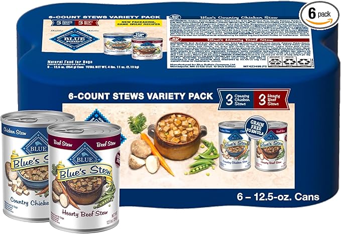 Blue Buffalo Blue's Stew Natural Wet Dog Food, Made with Natural Ingredients, Hearty Beef and Country Chicken Variety Pack, 12.5-oz Cans, 6 Count
