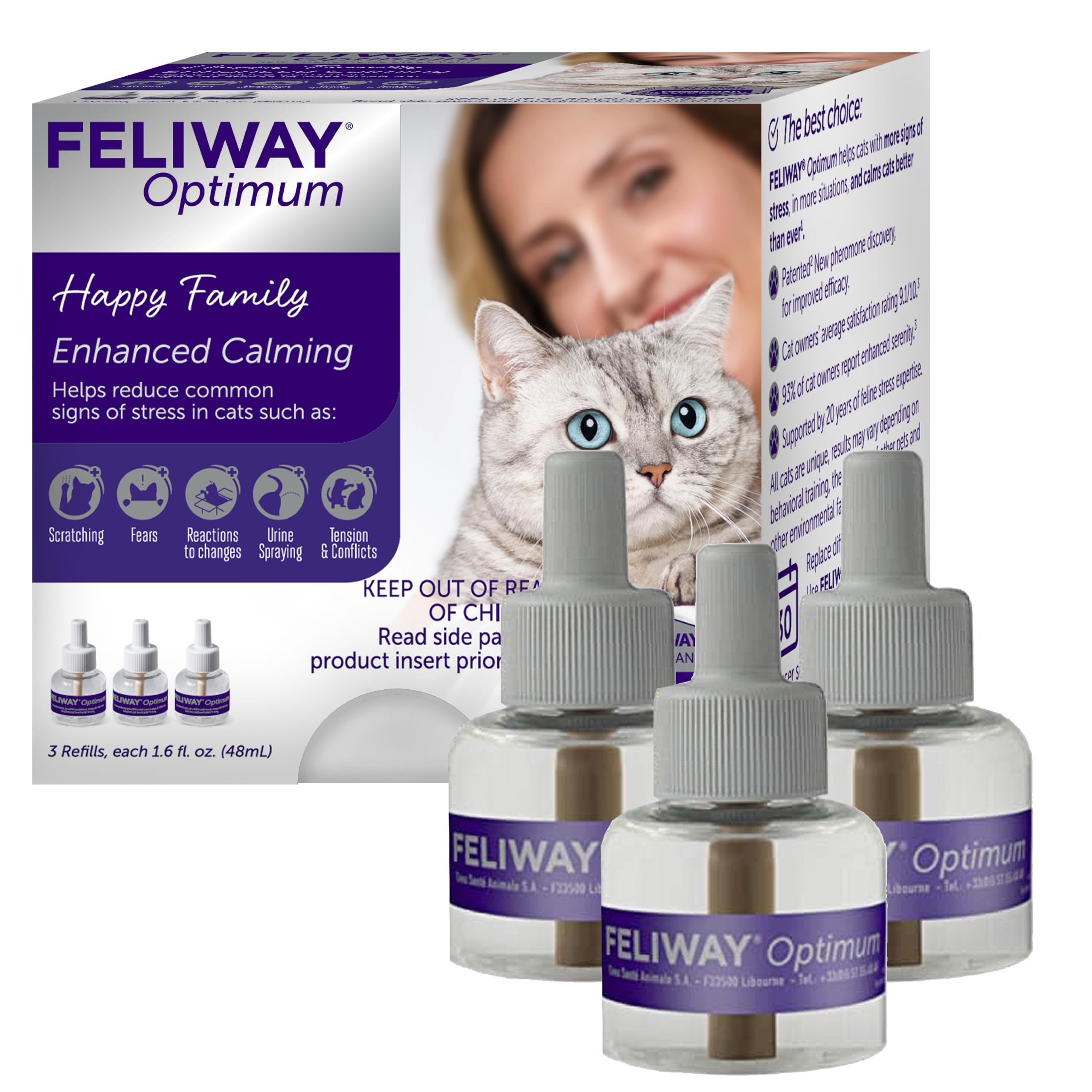 FELIWAY Optimum Cat Calming Diffuser Refill (3 Pack, 90 Day Supply) – Cat Pheromone Diffuser Refill for Advanced Support to Reduce Stress, Spraying, Scratching, Fighting and Hiding