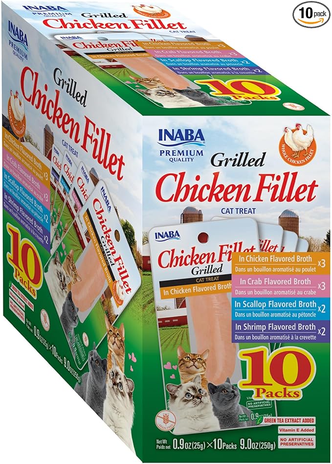 INABA Premium Grilled Chicken Fillet Cat Treats with Vitamin E and Green Tea Extract, 0.9 Ounces Each, Pack of 10, Variety Box