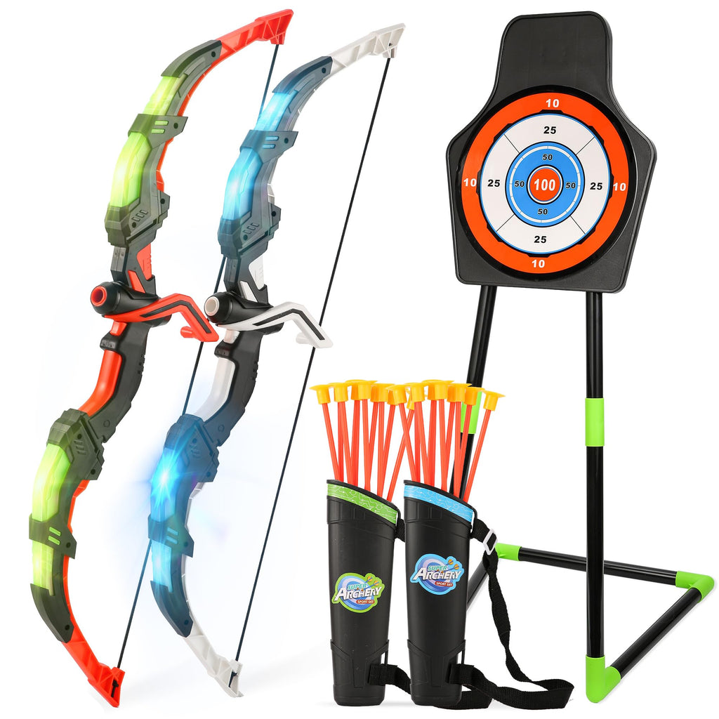 Bow and Arrow Set for Kids, 2 Pack LED Light Up Archery Set with 20 Suction Cup Arrows, Indoor and Outdoor Toy for Boys Girls Age 4-8 8-12 with Standing Target&2 Quivers, Birthday Gift 3-12 Years Old