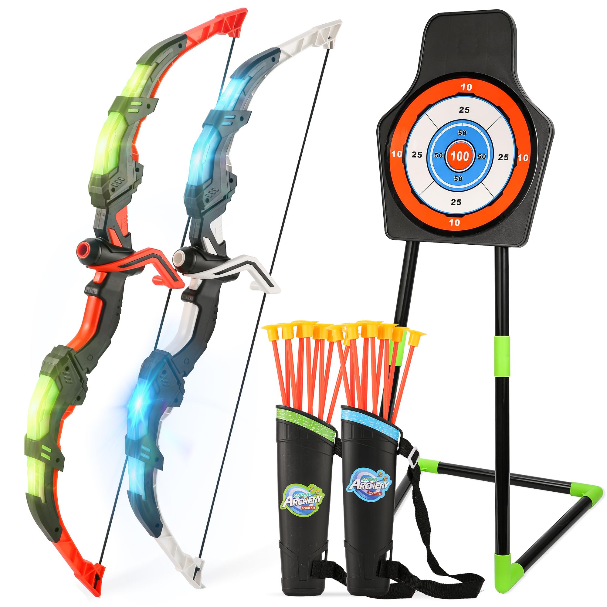 Bow and Arrow Set for Kids, 2 Pack LED Light Up Archery Set with 20 Suction Cup Arrows, Indoor and Outdoor Toy for Boys Girls Age 4-8 8-12 with Standing Target&2 Quivers, Birthday Gift 3-12 Years Old