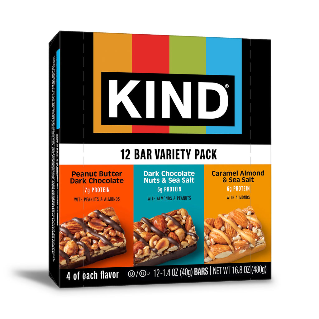 KIND Healthy Snacks Bars Variety Pack, Gluten Free, Low Sugar, High Fiber Snacks, Dark Chocolate Nuts & Sea Salt, Peanut Butter Dark Chocolate, Caramel Almond & Sea Salt, 6-7g Protein, 12 Count
