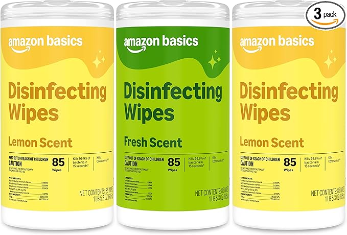 Basics Disinfecting Wipes, Lemon & Fresh Scent, Sanitizes/Cleans/Disinfects/Deodorizes, 255 Count (2 Packs Lemon, 1 Pack Fresh Scent)