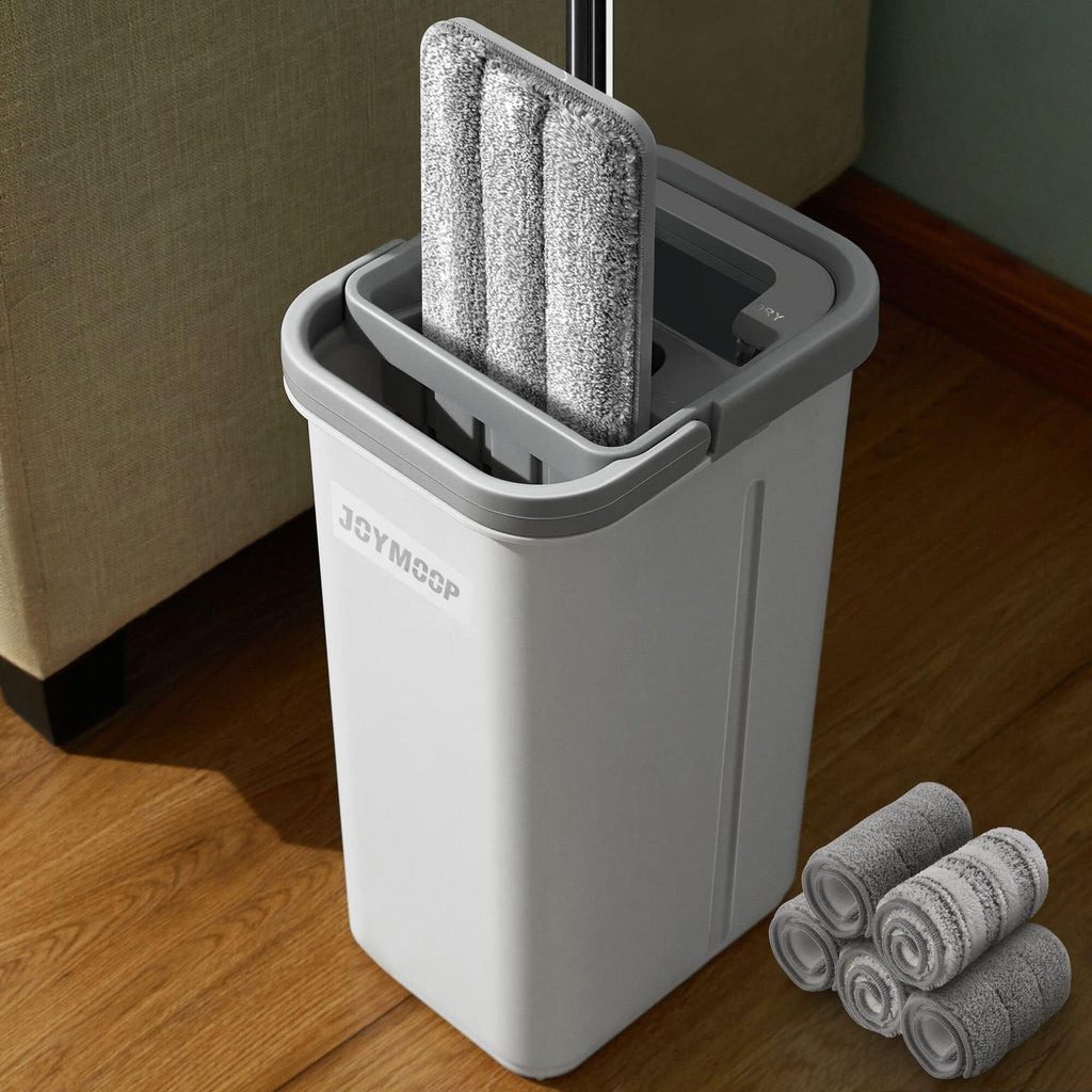 JOYMOOP Mop and Bucket Set, Hands-Free Flat Floor Mop and Bucket, 5 Washable Microfiber Pads, Wet and Dry Use, Ideal for Household and Commercial Floor Cleaning