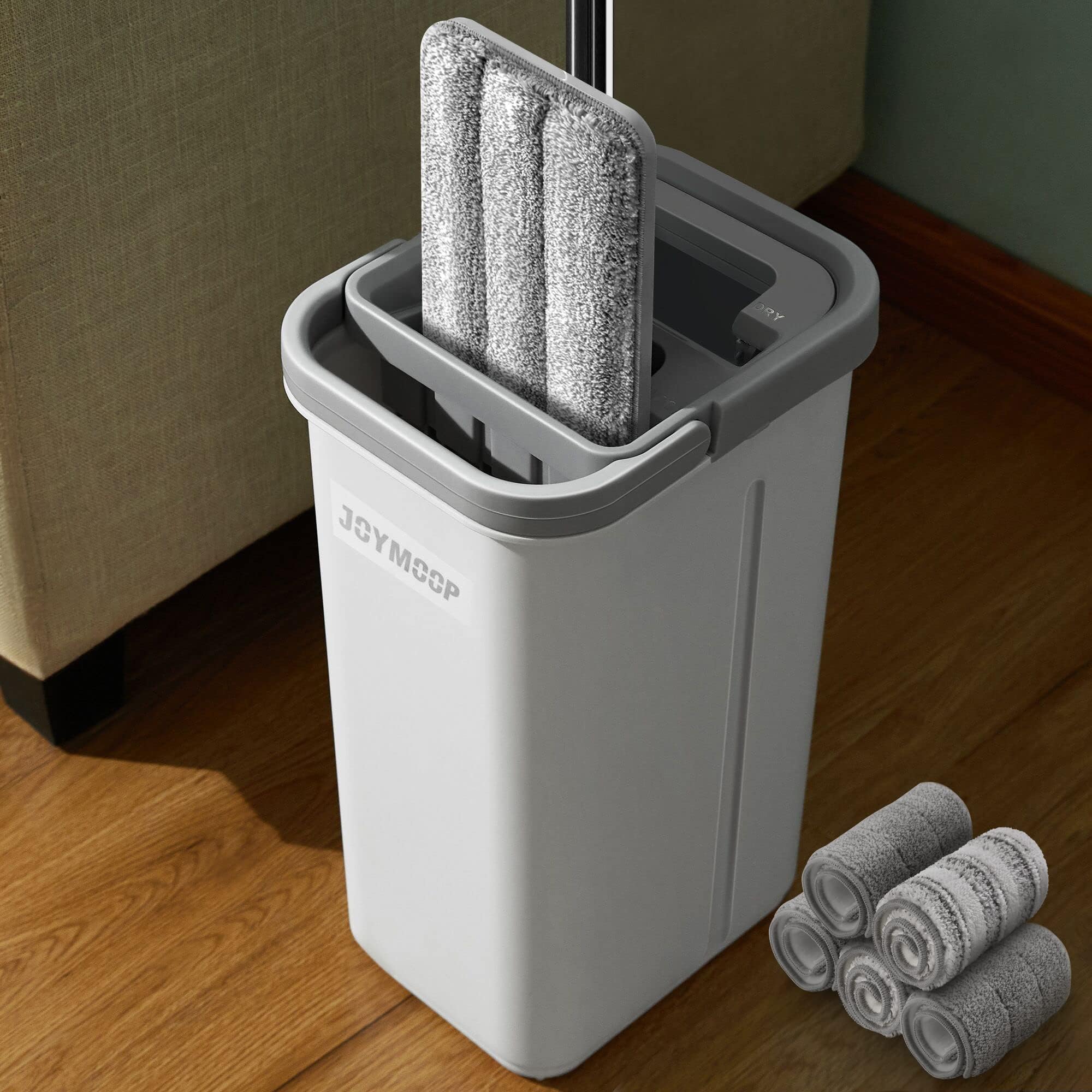 JOYMOOP Mop and Bucket Set, Hands-Free Flat Floor Mop and Bucket, 5 Washable Microfiber Pads, Wet and Dry Use, Ideal for Household and Commercial Floor Cleaning