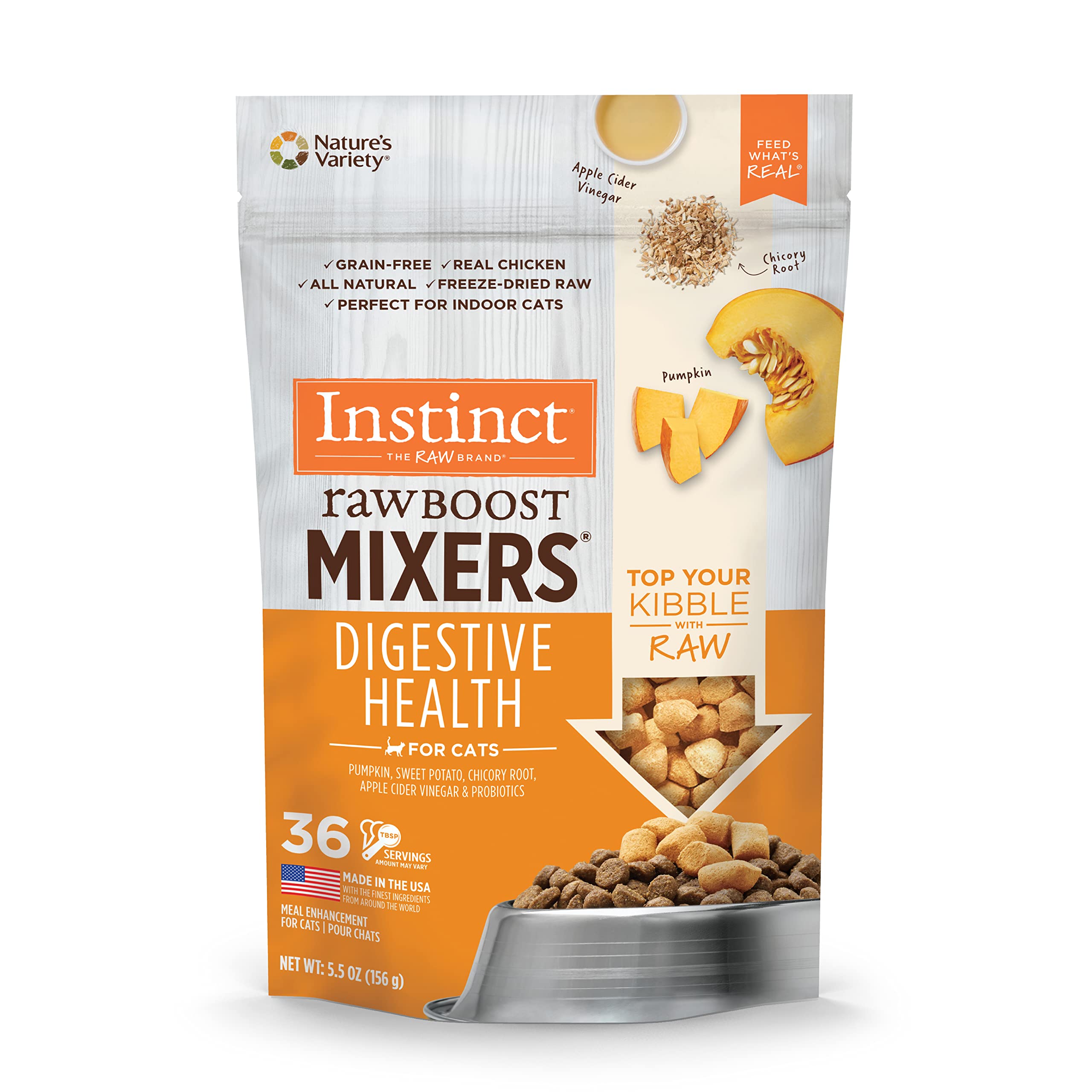 Instinct Raw Boost Mixers, Freeze Dried Cat Food Toppers with Functional Ingredients, Grain Free, Real Chicken - Digestive Health, 5.5 oz Bag
