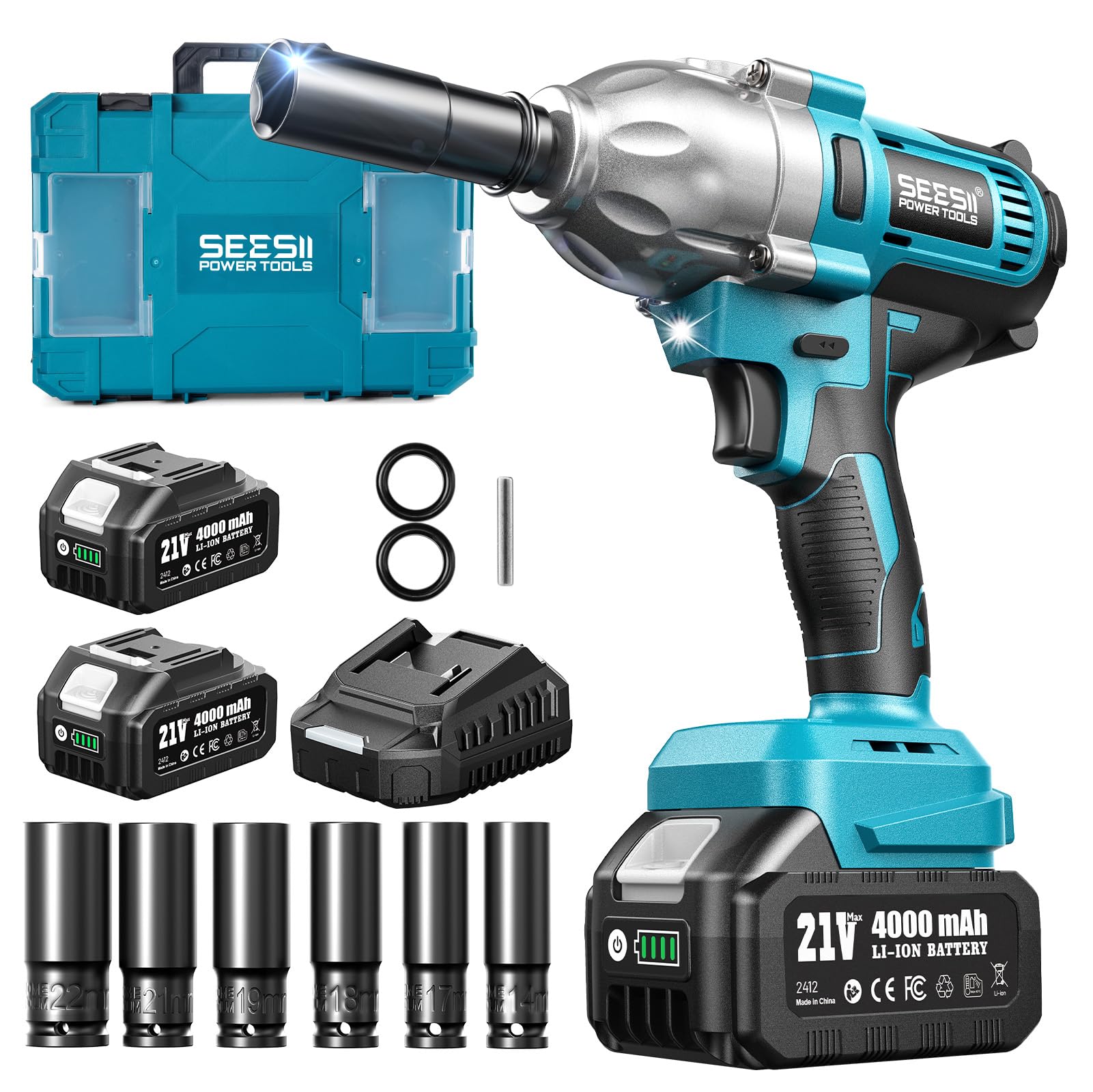 Seesii Impact Wrench 665 FT-LBS(900N.m) 3300IPM 1/2 Impact Gun High Torque Electric Impact Driver Cordless Impact Wrench with 21V 2x4.0Ah Battery 6 Sockets&Case for Home Car Tire Lug Nut Removal Tool