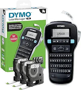 DYMO LabelManager 160 Label Maker Bundle with 3 D1 Label Cassettes, Portable Handheld, QWERTY Keyboard, One-Touch Smart Keys, Large Display, Home & Office Organization