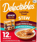 Delectables Lickable Treat Stew Senior 10+ Wet Cat Treat with Real Chicken, Food Topper, Hydrating, Grain-Free, No Fillers, No By-Products, No Added Preservatives, 1.4oz Pouch, 12ct