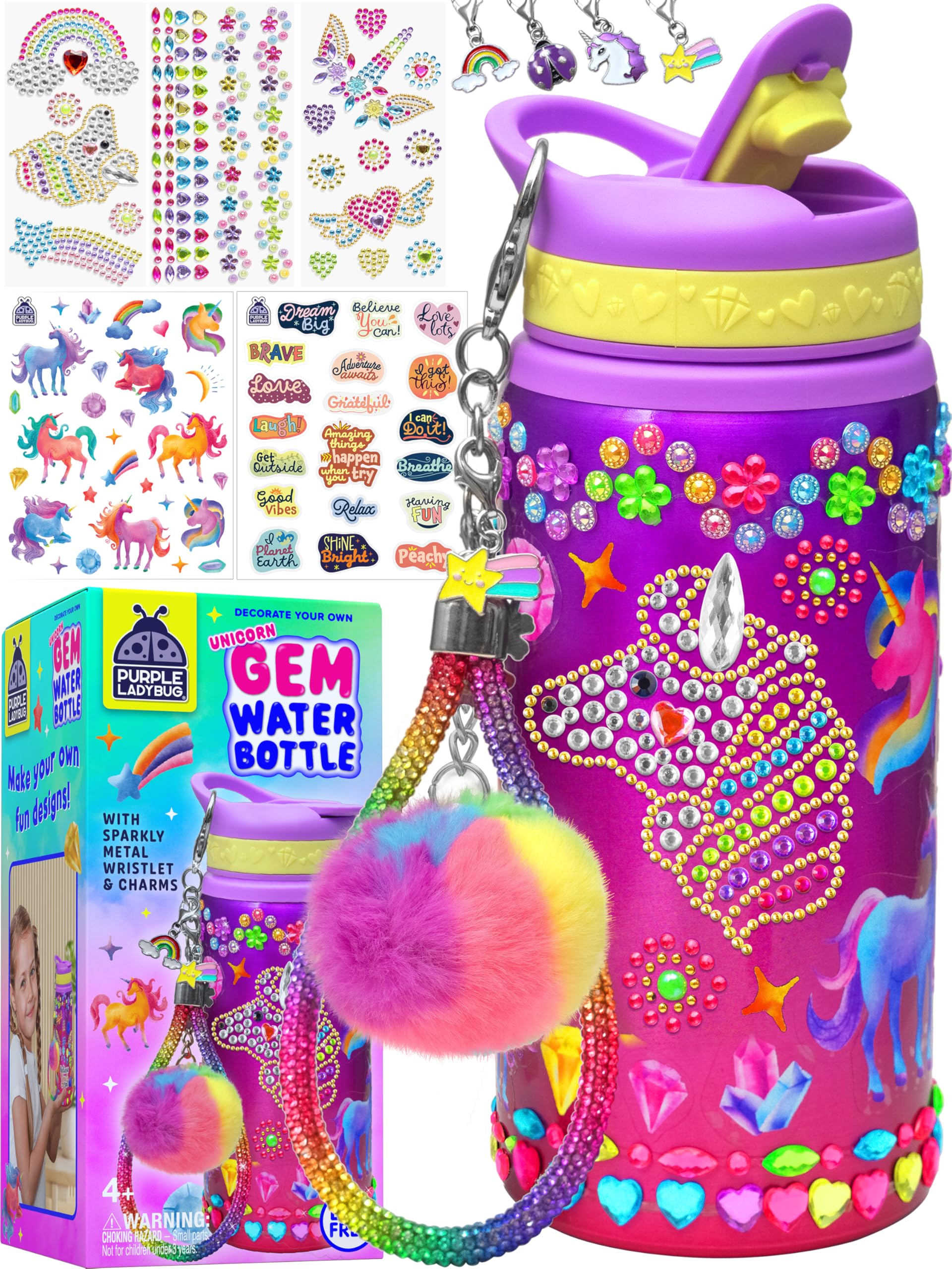 PURPLE LADYBUG Decorate Your Own Water Bottle Kit for Girls - Gift for Girls Ages 5 6 7 8 9 10 Year Old Girl Birthday Gift, Unicorn Toys Crafts Kids Ages 6-12 Mothers Day Crafts for Kids
