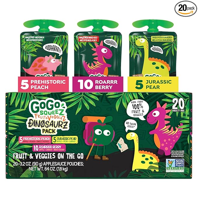 GoGo squeeZ No Sugar Added Fruit & veggieZ Applesauce and Puree Variety Pack, Jurassic Pear, Roarrrr Berry & Prehistoric Peach, 3.2 oz Pouches (Pack of 20), Fruit Snacks for Kids, Gluten Free, Nut Free, Recloseable Cap, BPA Free