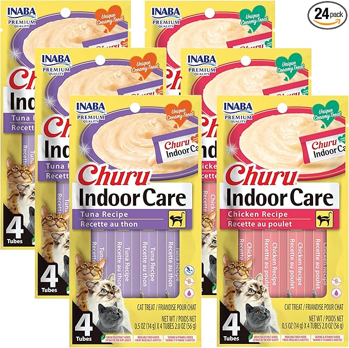 INABA Churu for Cats, Functional, Creamy Lickable Purée Cat Treat for Indoor Care and Hairball Control, 0.5 Ounces Each, 24 Tubes (4 per Pack), 2 Flavor Tuna and Chicken Variety Pack