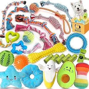 Zeaxuie 25 Pack Luxury Dog Chew Toys for Puppy, Dog Toys with Ropes, Treat Ball and Squeaky Puppy Toys for Teething Small Dogs