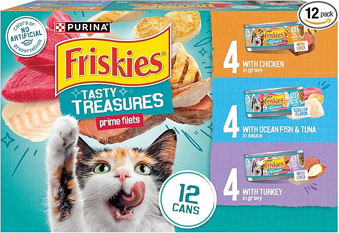 Purina Friskies Wet Cat Food Variety Pack, Tasty Treasures  Filets (With Ocean Fish and Tuna, With Chicken and With Turkey) - 5.5 Ounce (Pack of 12)