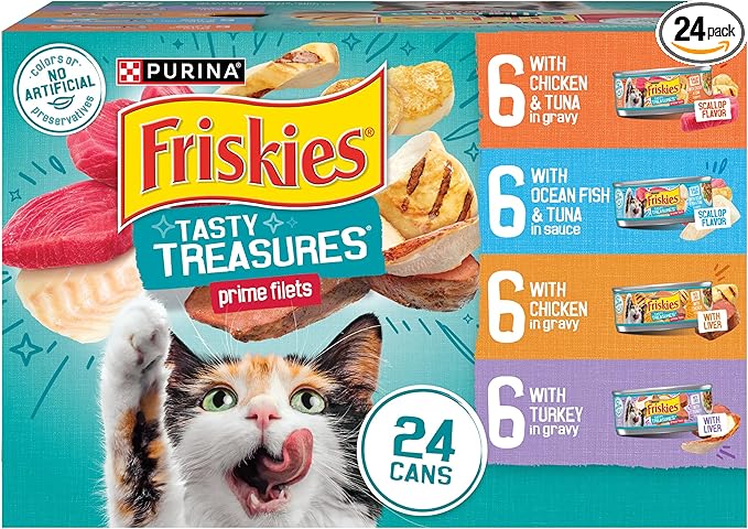 Purina Friskies Wet Cat Food Variety Pack, Tasty Treasures  Filets (With Chicken and Tuna, With Chicken, and With Ocean Fish and Tuna, and With Turkey) - (Pack of 24) 5.5 oz. Cans