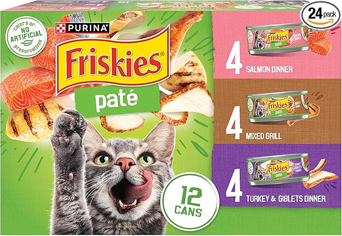 Purina Friskies Wet Cat Food Pate Variety Pack Salmon Dinner, Turkey and Giblets Dinner and Mixed Grill - (2 Packs of 12) 5.5 oz. Cans