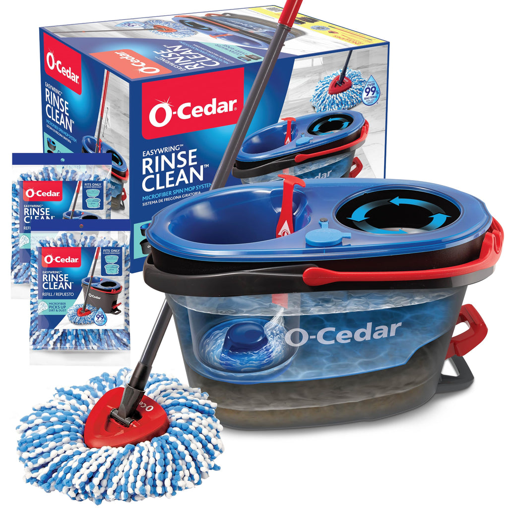 O-Cedar RinseClean Spin Mop & Bucket System + 2 Extra Mop Heads | Clean with Water | Removes 99% of Bacteria