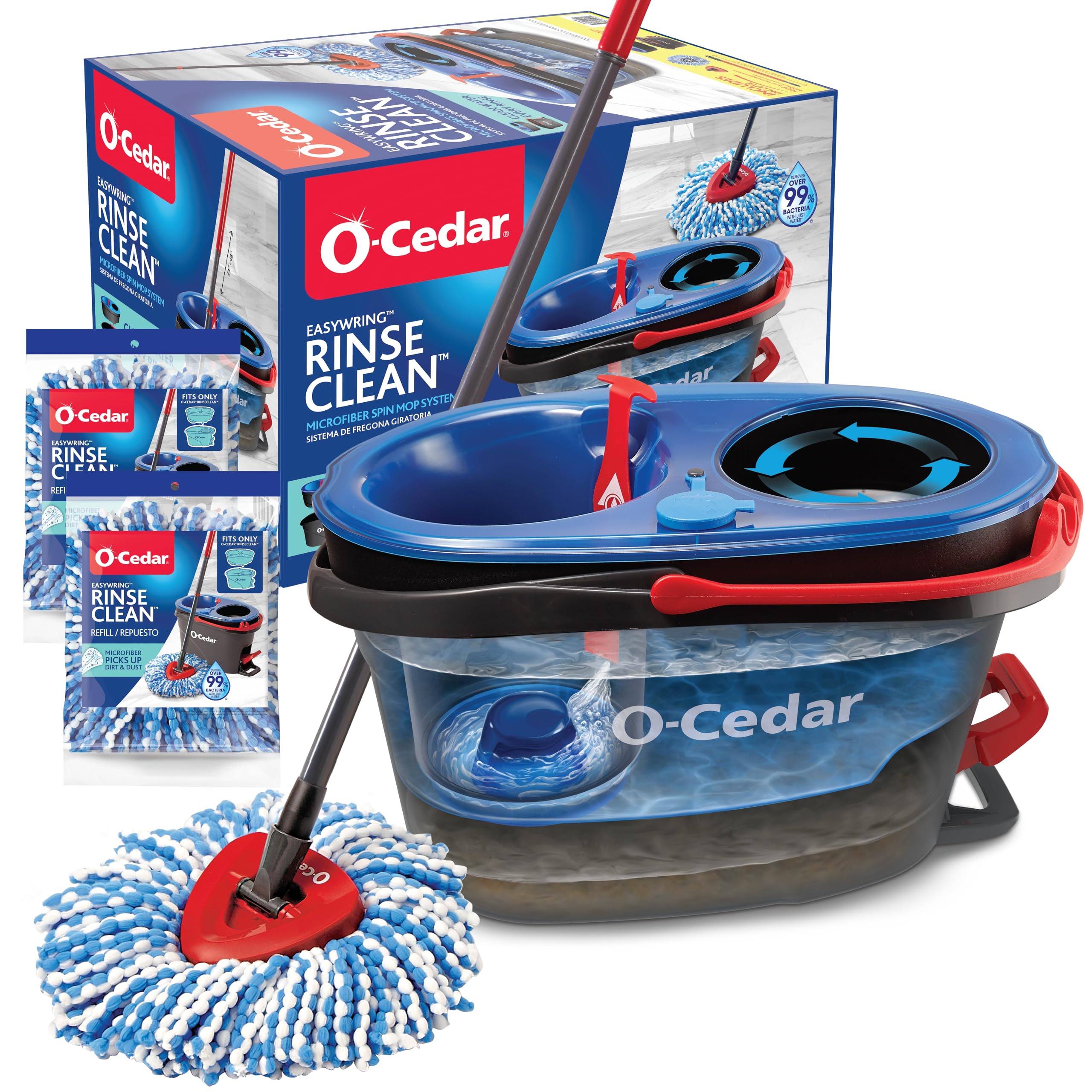 O-Cedar RinseClean Spin Mop & Bucket System + 2 Extra Mop Heads | Clean with Water | Removes 99% of Bacteria