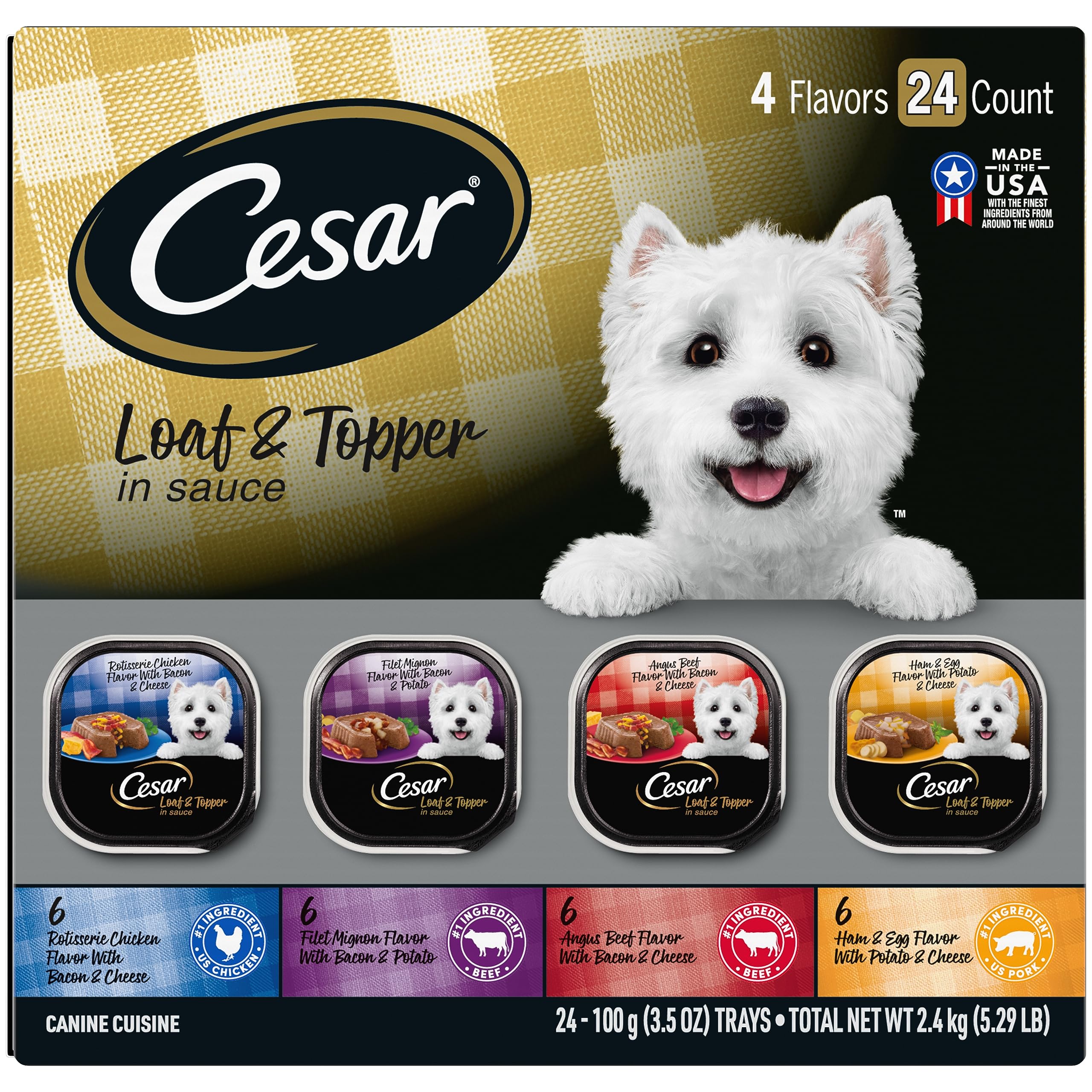 Cesar Loaf in Sauce Wet Dog Food Rotisserie Chicken, Filet Mignon, Angus Beef, and Ham & Egg Flavors Variety Pack, 3.5 oz. Easy Peel Trays (24 Count, Pack of 1)