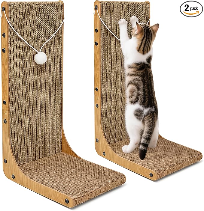 Value 2-Pack 23.6 Inch L-Shaped Cardboard Cat Scratcher, Dual Use (Vert/Horiz) Scratch Pad with Toy Balls, Wall-Mountable Furniture Protector Cat Scratchers for Indoor Cats