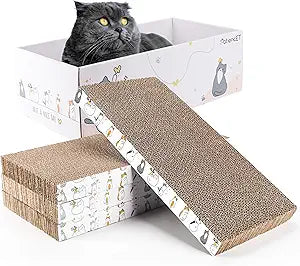PatiencET Cat Scratch Pad with Box, 4 Pack Cardboard Cat Scratcher Lounge Bed for Indoor Cats, Reversible Corrugated Scratching Board Refill with Catnip